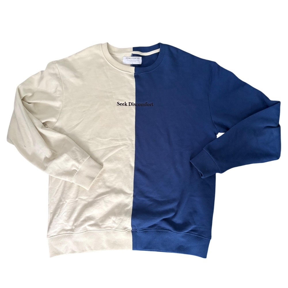 Seek Discomfort Split Crewneck Sweatshirt Large Blue Cream Colorblock Yes Theory